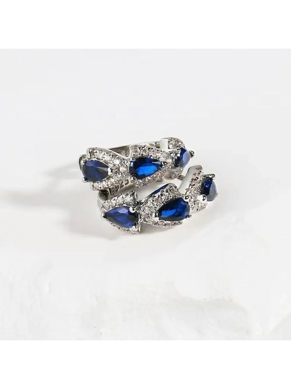 Small Huggie Earrings Silver Tone with Blue Stones #649